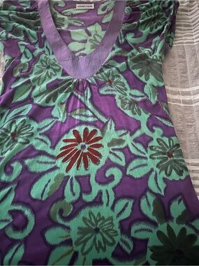 Designer Green & Purple Floral V-Neck Dress with embroidery.